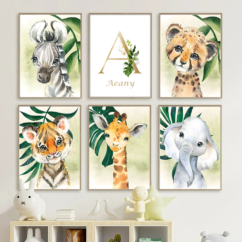 Baby Nursery Jungle Animals - Złoty plakat z imieniem dziecka Zwierzęta