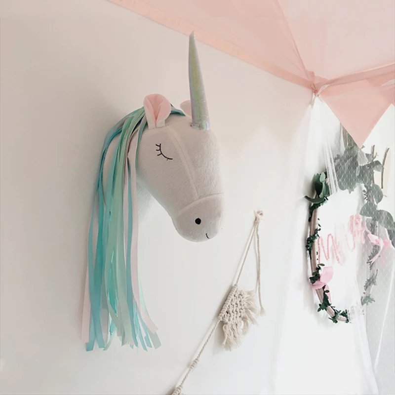 Baby Nursery Girl - Pluszowa Głowa Jednorożca - Ozdoba Ścienna