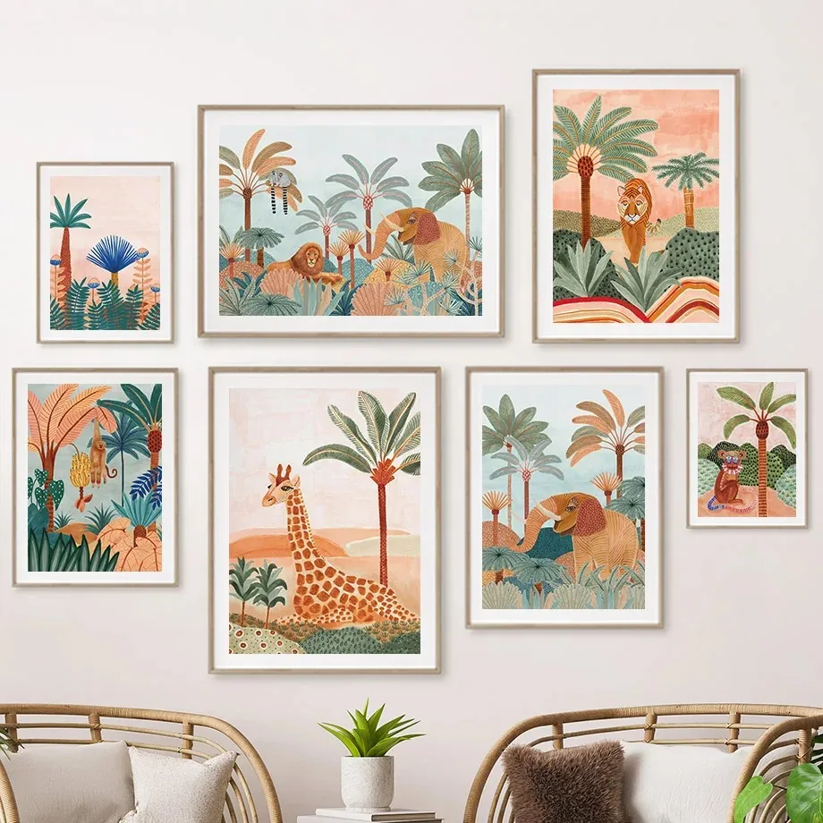 Baby Nursery Jungle Animals - Boho Dżungla Zwierzęta Tygrys Małpa Żyrafa